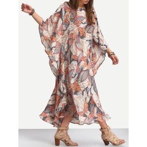 SHEIN Floral Caftan Pink Multicolor Print Size M Ruffle Trim Maxi Length Casual